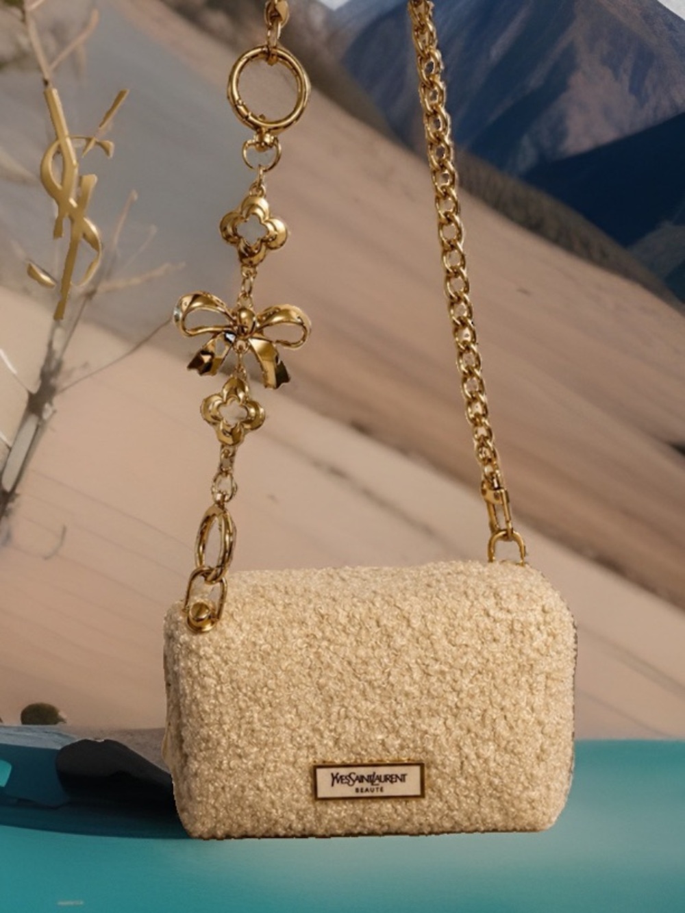 Yves Saint Laurent Cream Bouclé Mini pouch with Gold Chain
